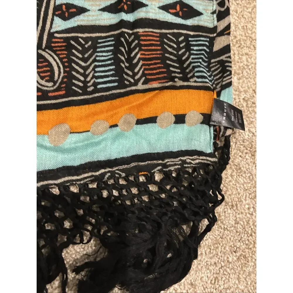 Trouve Scarf Colorful one size 60x22 Crochet Fringe Ends Beach Theme Boho Lovely